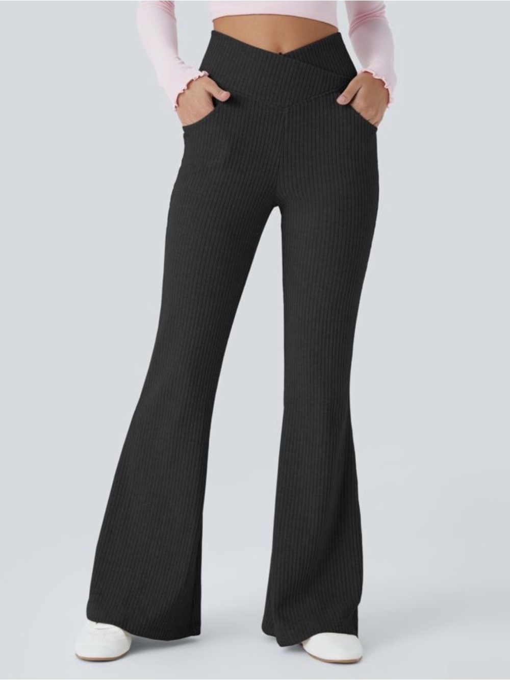 Halara Ribbed Knit Crossover Waist Flare Leggings in Black High Waisted Stretch